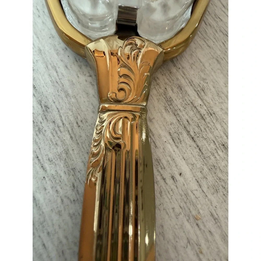 Vintage Gold Tone Hand Mirror & Brush Set Embossed Floral Fluted Handle Vanity